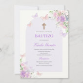 Paarse Bloemen Doop Spaans Uitnodiging (Voorkant)