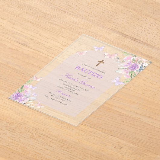 Paarse Bloemen Doop Spaans Uitnodiging Acryl Uitnodigingen (Laagn)