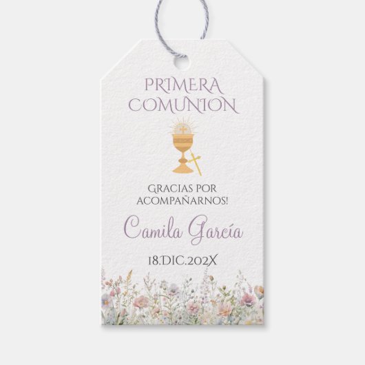 Paarse Bloemen Eerste Communie Cadeau Label Cadeaulabel (Voorkant)