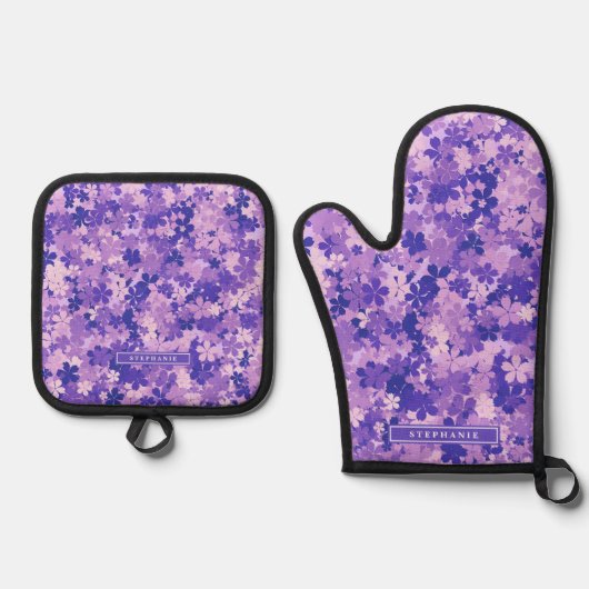 Paarse Bloemen Elegant Violet Bloesempatroon Ovenwant & Pannenlap Set (Voorkant)