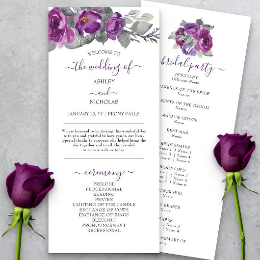 Paarse Bloemen en Elegant Script bruiloft programm