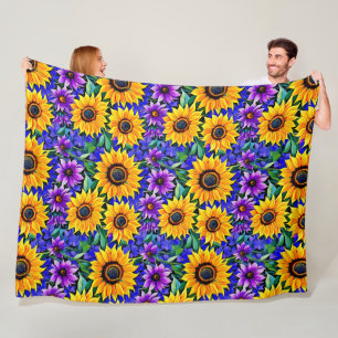 Paarse bloemen en gele zonnebloemen Bloemen Fleece Deken
