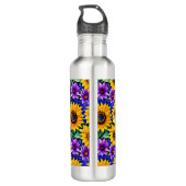Paarse bloemen en gele zonnebloemen gepersonalisee waterfles (Achterkant)
