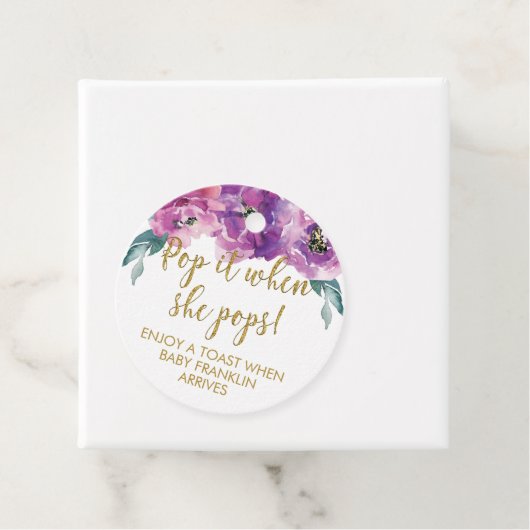 Paarse Bloemen en Goud Baby shower Pop Het Bedankjes Labels (In situ)