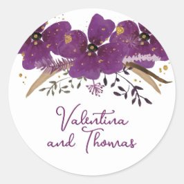 Paarse bloemen en gouden glitter ronde sticker