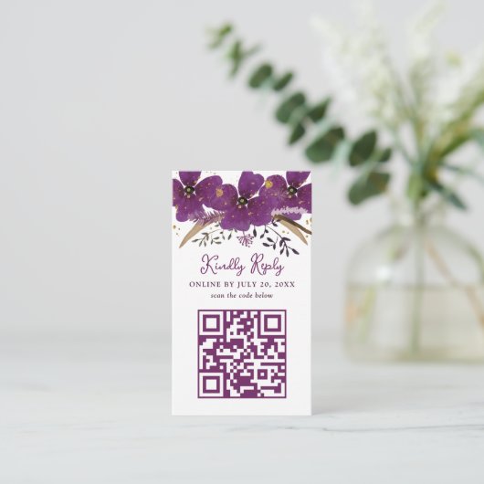 Paarse Bloemen en Gouden QR Code Informatiekaartje (Staand voorkant)