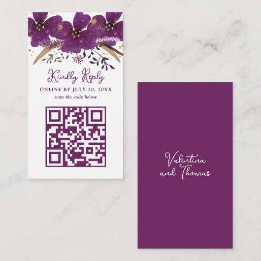 Paarse Bloemen en Gouden QR Code Informatiekaartje (Voorkant / Achterkant)