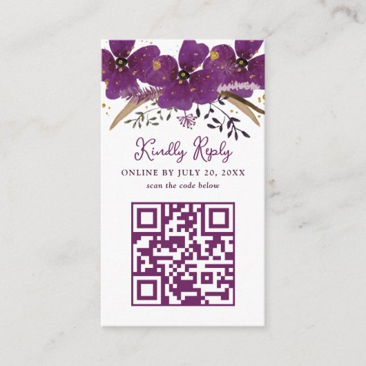 Paarse Bloemen en Gouden QR Code Informatiekaartje (Voorkant)