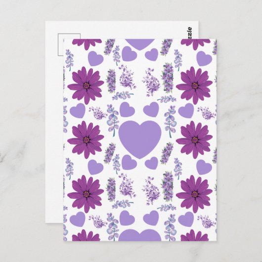 Paarse bloemen en hart naadloos patroon briefkaart (Voorkant / Achterkant)