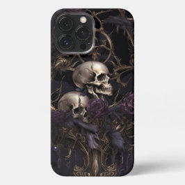 Paarse bloemen en schedels iPhone 13 pro max hoesje