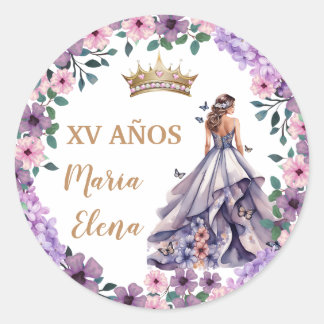 Paarse Bloemen en Vlinders: Quinceañera Ronde Sticker