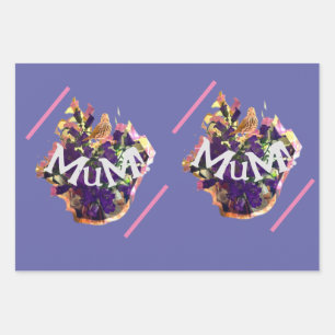 Paarse bloemen en vogel inpakpapier vel