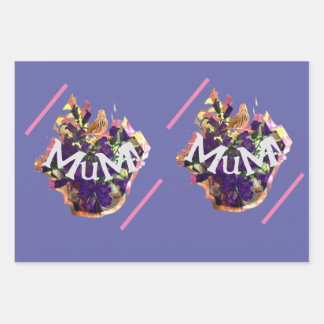 Paarse bloemen en vogel inpakpapier vel