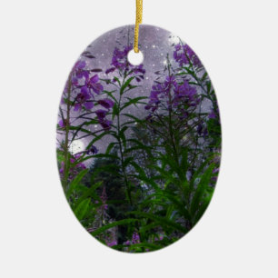 Paarse Bloemen Fantasie Nacht Keramisch Ornament