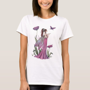 Paarse bloemen fee en vlinder fantasie kunst t-shirt