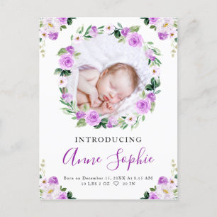Paarse Bloemen Foto Geboorteaankondiging & Dankjew Briefkaart