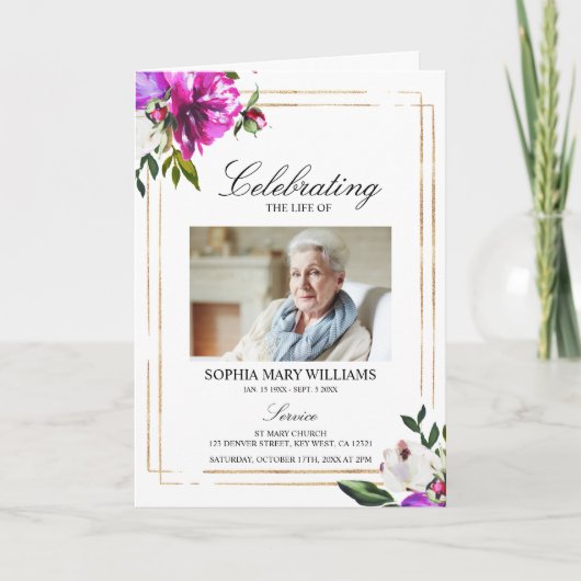Paarse bloemen foto gedenkteken begrafenisprogramm kaart (Voorkant)