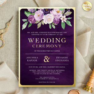 Paarse Bloemen Foto Indiase bruiloft goud Folie Uitnodiging