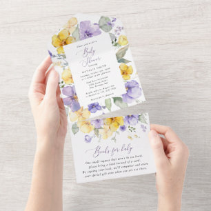 Paarse bloemen, Gele bloemen, Boho, Baby shower All In One Uitnodiging