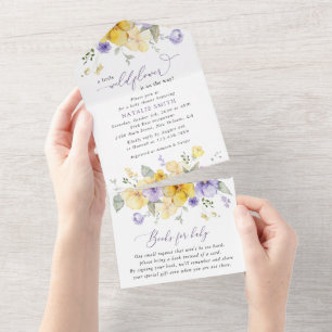 Paarse bloemen, Gele bloemen, Boho, Baby shower All In One Uitnodiging