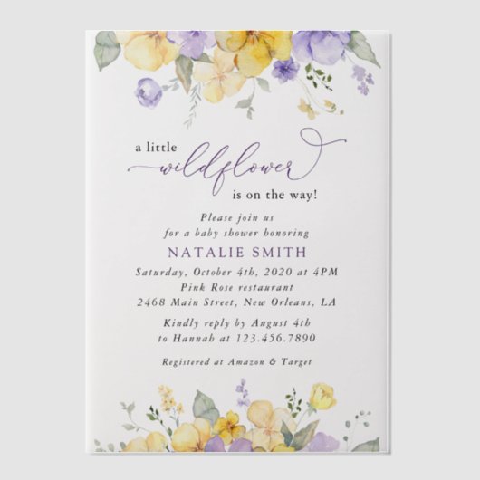 Paarse bloemen, Gele bloemen, Boho, Baby shower Vellum Uitnodigingen (Voorkant)