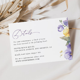 Paarse bloemen, gele bloemen, bruiloft details informatiekaartje