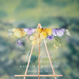 Paarse bloemen, gele bloemen, bruiloft welkom acryl bord