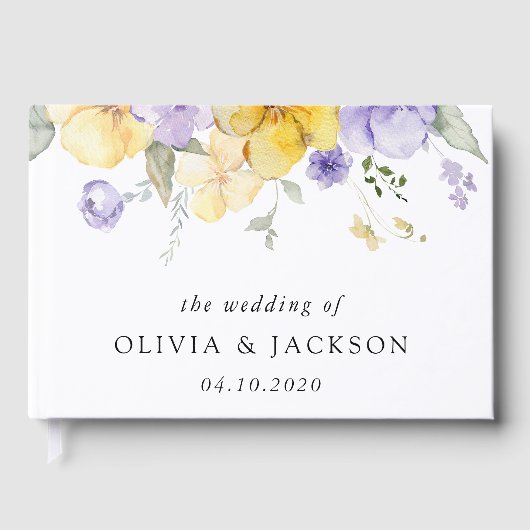 Paarse bloemen, gele bloemen, groen, bruiloft gastenboek (Voorkant)