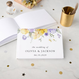 Paarse bloemen, gele bloemen, groen, bruiloft gastenboek