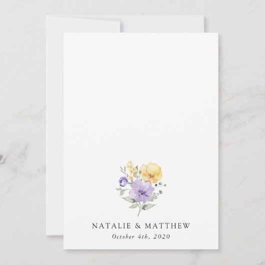 Paarse bloemen, gele bloemen, groen, bruiloft kaart (Achterkant)