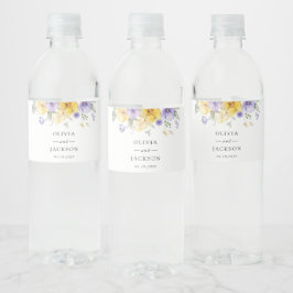 Paarse bloemen, gele bloemen, groen, bruiloft waterfles etiket