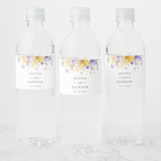 Paarse bloemen, gele bloemen, groen, bruiloft waterfles etiket (Flessen)