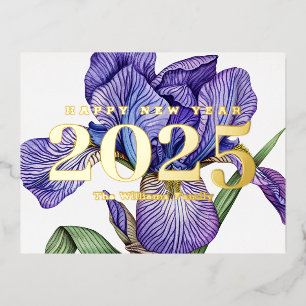 Paarse Bloemen Gelukkig Nieuwjaar 2025 Folie Feestdagen Briefkaart