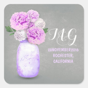 Paarse bloemen geschilderd mason potje bruiloft st vierkante sticker