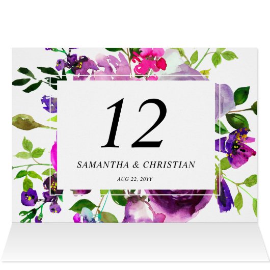 Paarse Bloemen Gevouwen Tent Trouwtafel Nummer (Binnen Horizontaal (Boven))