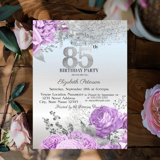 Paarse Bloemen Glitter Zilver 85ste Verjaardag Kaart