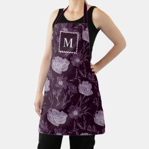 Paarse bloemen glitterpatroon monogram schort