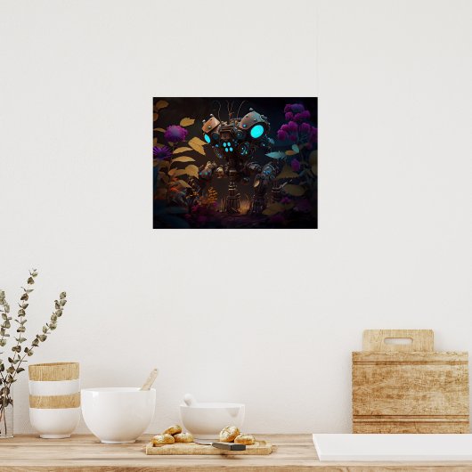 Paarse Bloemen & Gloeiende Ogen Robot Poster (Keuken)