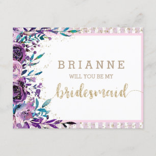 Paarse Bloemen & Goud wordt je mijn bruidsmeisje Kaart