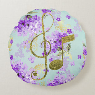  Paarse Bloemen Gouden Glitter Muziek Rond Kussen