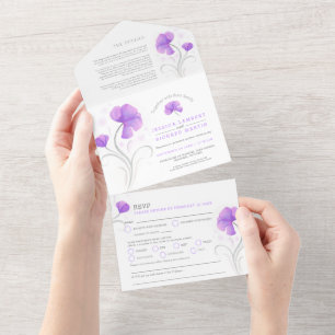 paarse bloemen grijs witte draf waterverf bruiloft all in one uitnodiging
