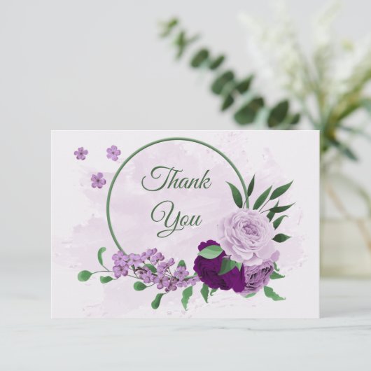 Paarse bloemen groen bruiloft bedankkaart (Staand voorkant)