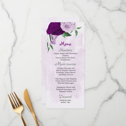 Paarse bloemen groen bruiloft menu (Voorkant / Achterkant in situ)