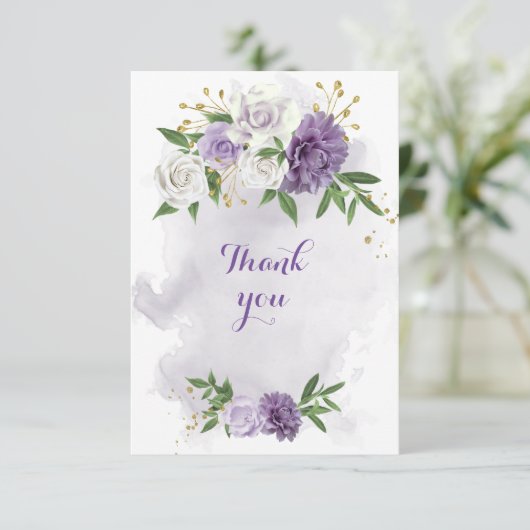 paarse bloemen groen goud bedankkaart (Staand voorkant)