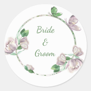paarse bloemen groene bladeren vlinders bruiloft ronde sticker