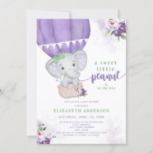 Paarse Bloemen Hete Luchtballon Olifant Baby showe Kaart