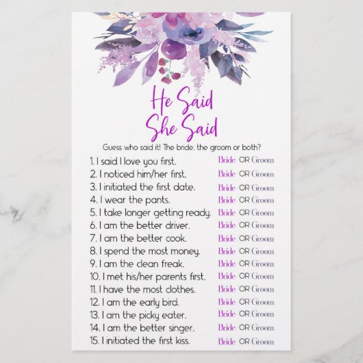 Paarse Bloemen Hij zei dat ze Vrijgezellenfeest sp Briefpapier (Voorkant)