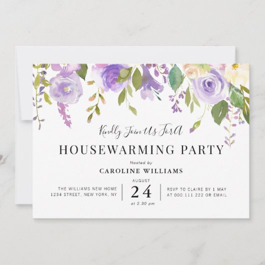 paarse bloemen housewarming party uitnodiging (Voorkant)
