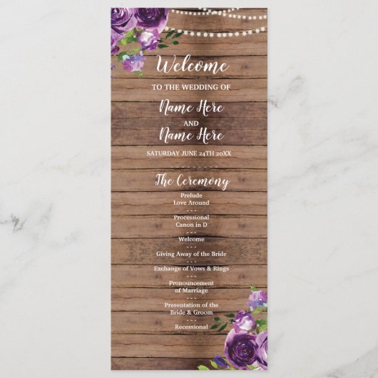 Paarse Bloemen Huwelijksprogramma Hout Roestige Bl Programma (Voorkant)