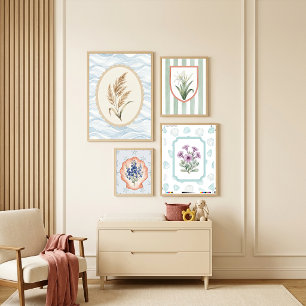 Paarse bloemen in lijst met zee glas en schelpen poster